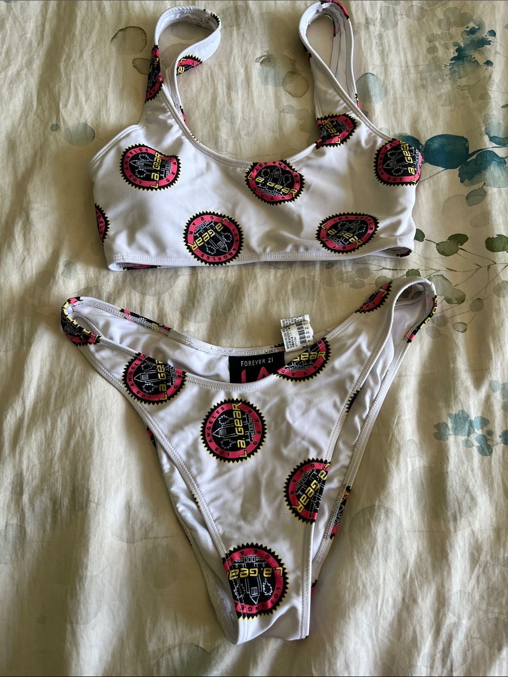 Forever 21 White Bikini Set with Pink and Black Logo Circles. LA Gear